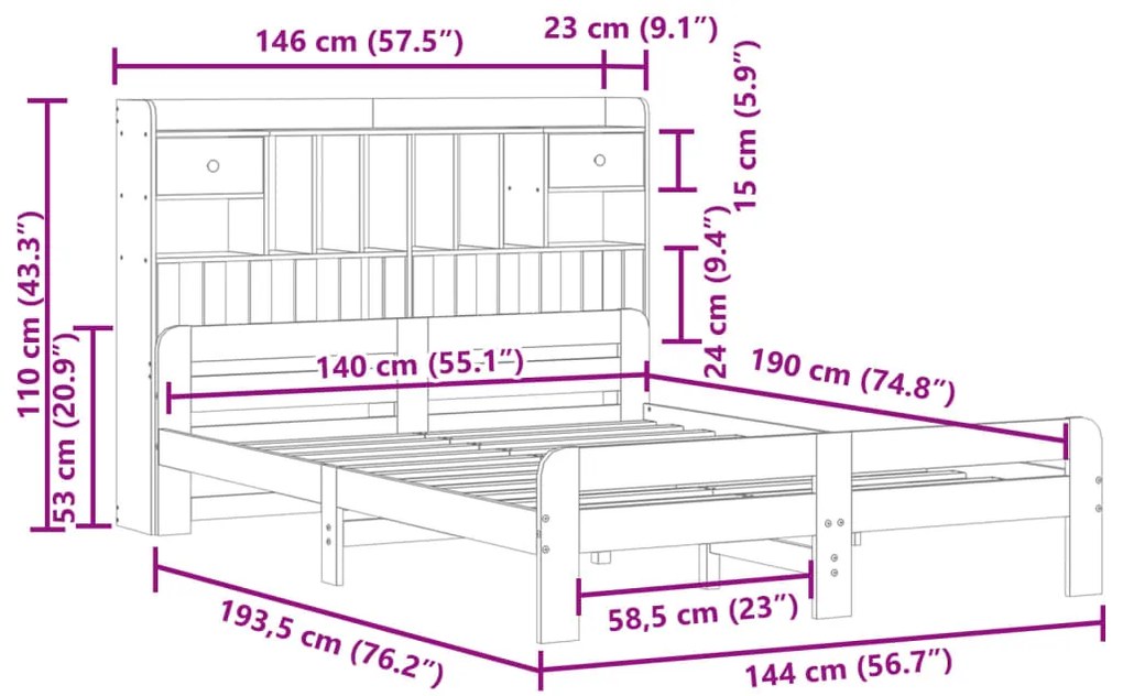 Cama com estante sem colchão 140x190 cm pinho maciço branco