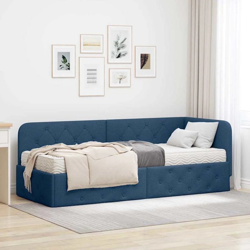 vidaXL Estrutura de Cama de Canto com colchão Azul 80 x 200 cm tecido