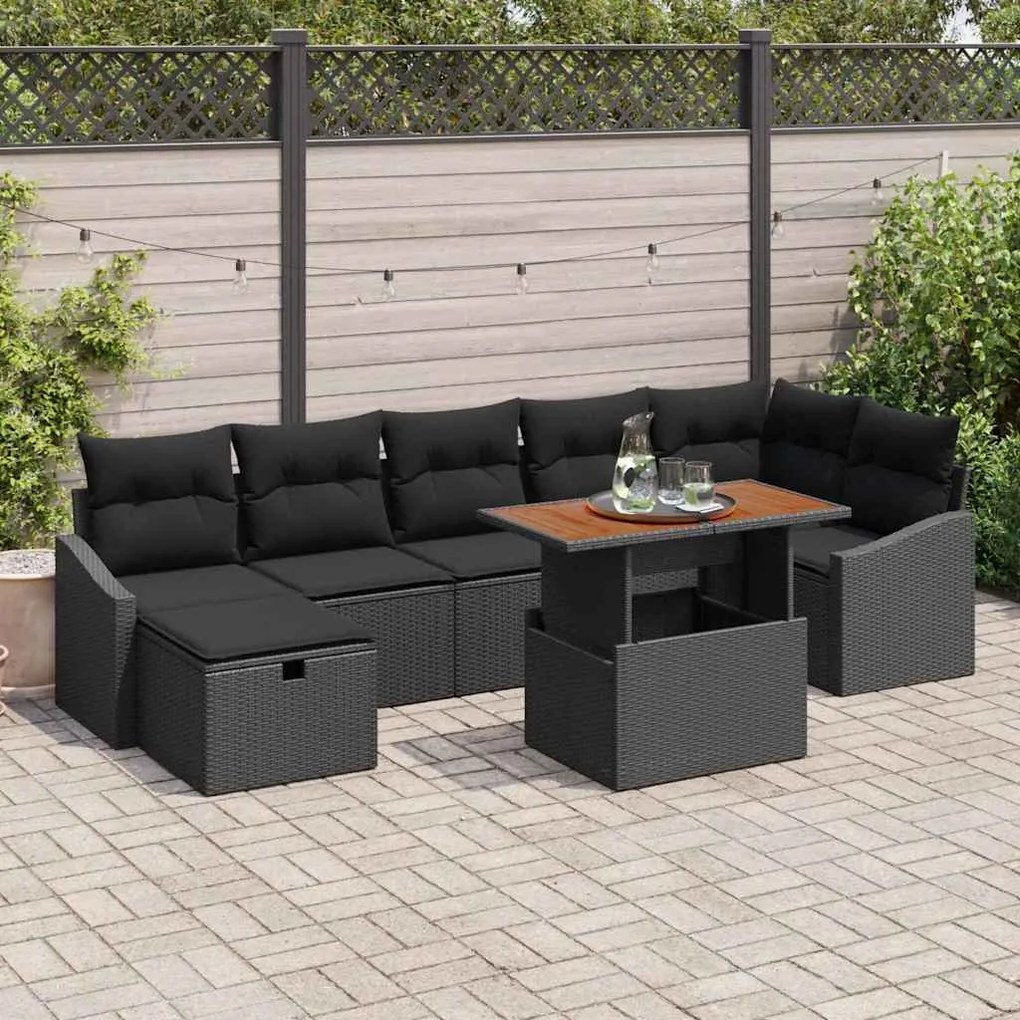 vidaXL Conjunto de sofá de jardim com 8 peças e almofadas em polirattan preto
