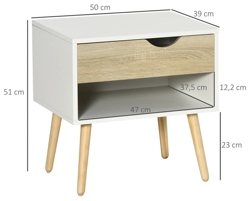 HOMCOM Conjunto de 2 Mesas de Cabeceira Mesa Auxiliar com 1 Gaveta e Prateleira de Armazenamento para Dormitório Sala de Estar Escritório Estilo Moderno 50x39x51cm Branco e Carvalho