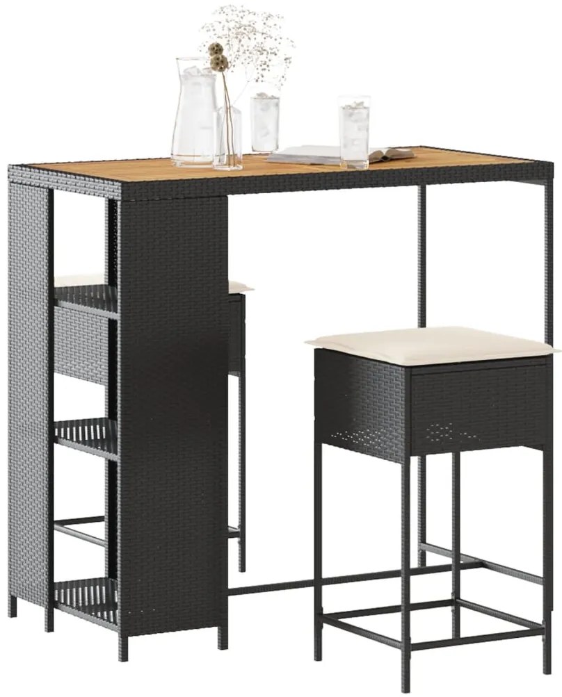 vidaXL 3 pcs conjunto de bar para jardim c/ almofadões vime PE preto