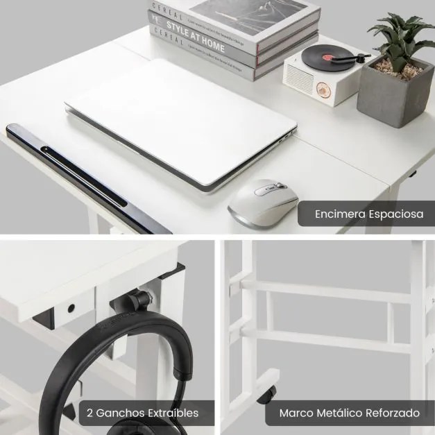 Secretária de pé para computador 60 x 30 x 72-124 cm com rodas Altura ajustável Tampo dividido e ângulo ajustável 2 ganchos Branco