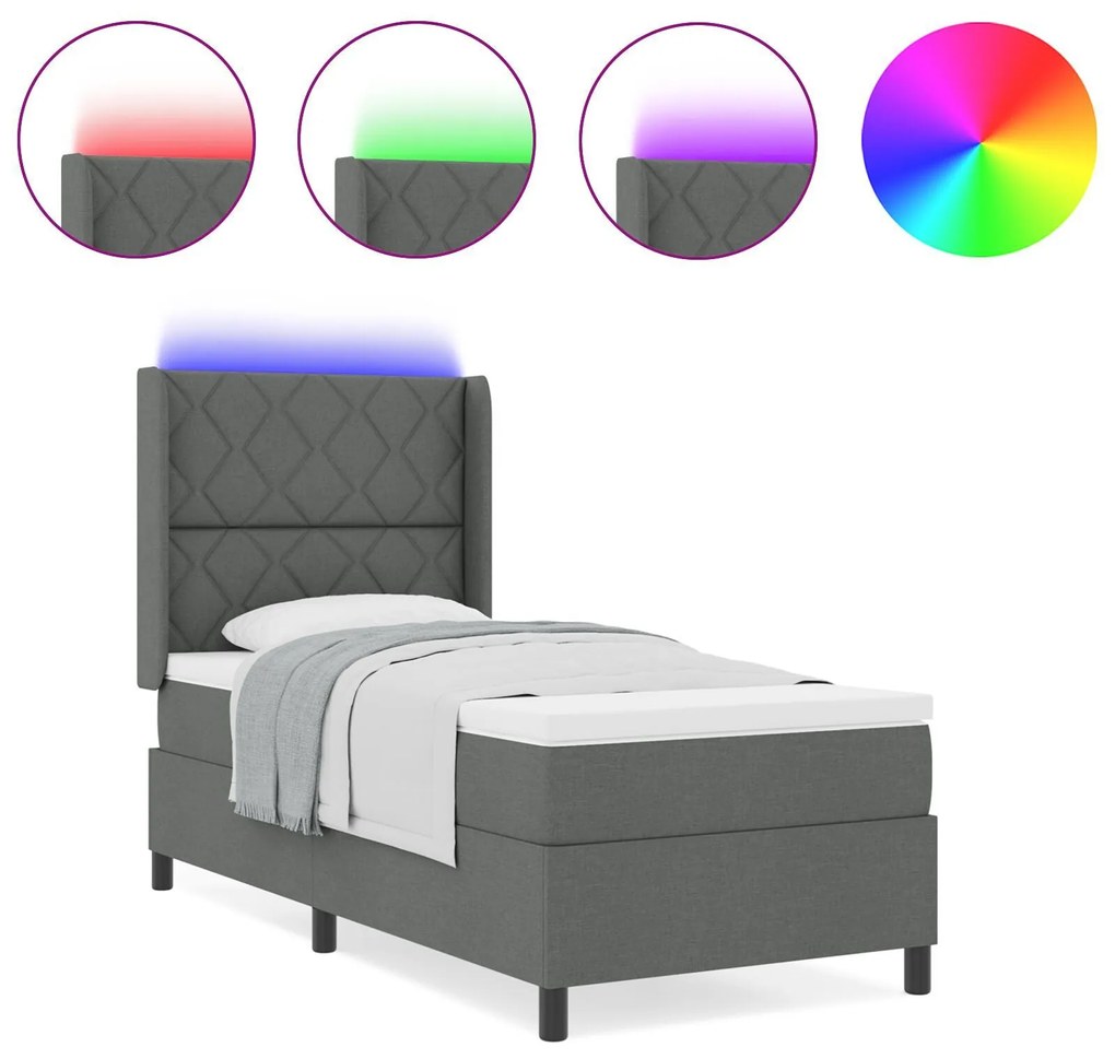 Cama Box Spring com Colchão e LED Cinza Escuro 90x200 cm Tecido
