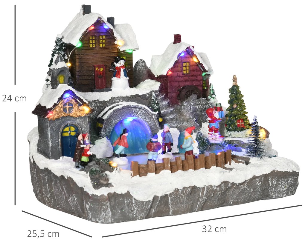 HOMCOM Aldeia de Natal Cena Decorativa de Natal Iluminada com Luzes LED Árvore Giratória e Pista de Patinagem Decoração de Natal de Mesa 32x25,5x24cm Multicor