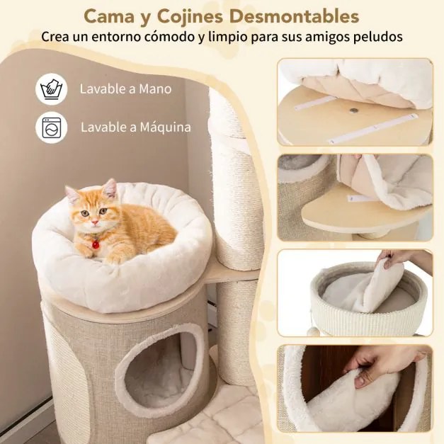 Arranhador para gatos de 154 cm com vários níveis, com 2 andares, postes, bolas suspensas, natural