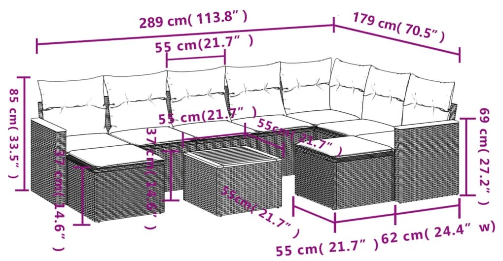 10 pcs conjunto sofás de jardim c/ almofadões vime PE preto