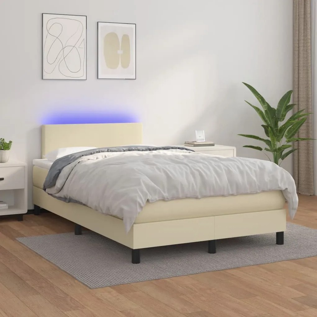 vidaXL Cama box spring c/ colchão/LED 120x200cm couro artificial creme