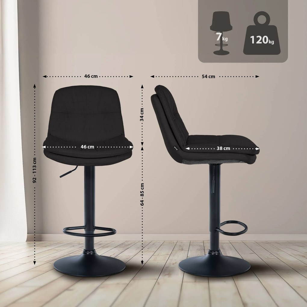 Banco de bar em tecido com estrutura preta 92-113 x 46 x 54 cm preto