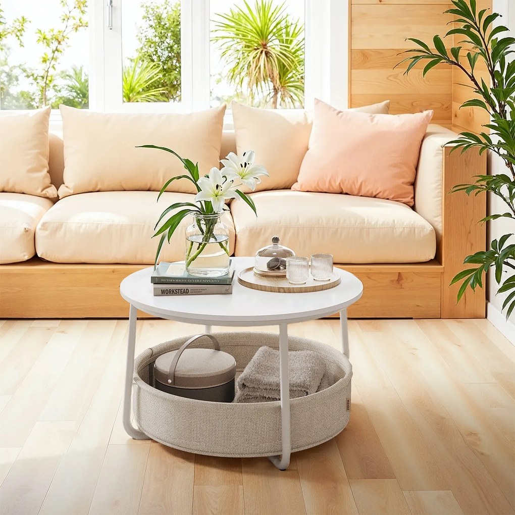 Mesa de centro 75 cm de diâmetro com cesto em tecido branco mate e castanho-camel