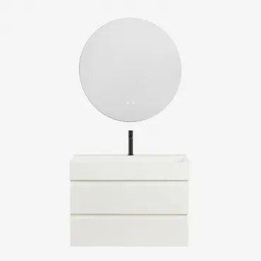 Conjunto De Móvel De Casa De Banho Em Madeira E Chapa De Freixo Com Lavatório Integrado Ona Branco & Redondo Led E Anti-embaciamento Ø70 - Sklum