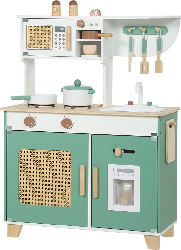 AIYAPLAY Cozinha de Brincar em Madeira com Cafeteira, Máquina de Gelo, 19 Acessórios, Micro-ondas e Arrumação, 3-6 Anos, Verde | Aosom Portugal