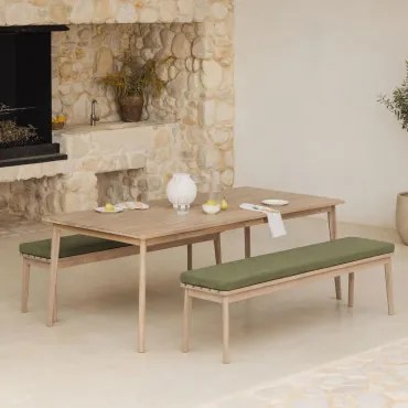 Conjunto De Mesa Retangular 180x90 Cm E 2 Bancos De Jardim Em Madeira De Acácia Kaela Marrom Acácia Claro & Bouclé Verde Sálvia - Sklum