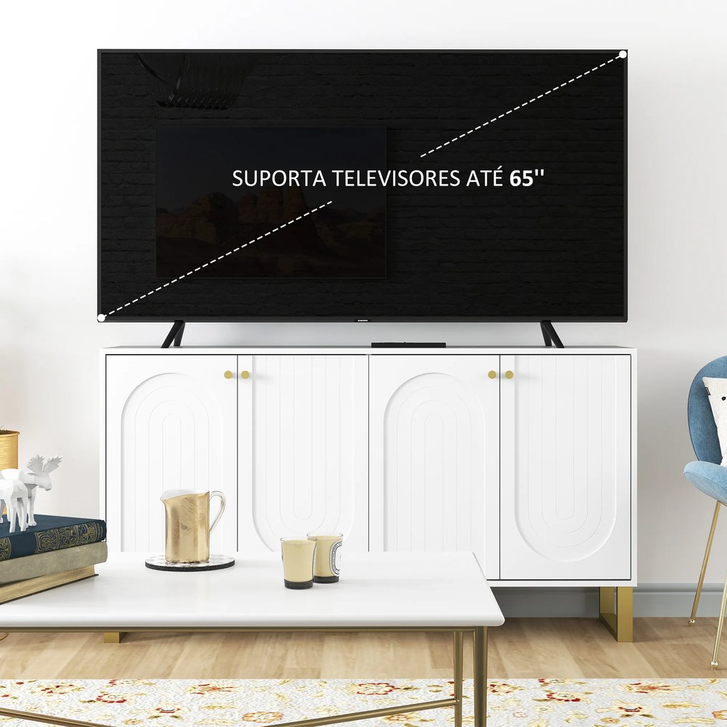 Aparador Moderno para Sala de Estar com Prateleiras Ajustáveis e Pés Dourados Móvel para TV até 65 Polegadas 140,8x35x77,5 cm Branco