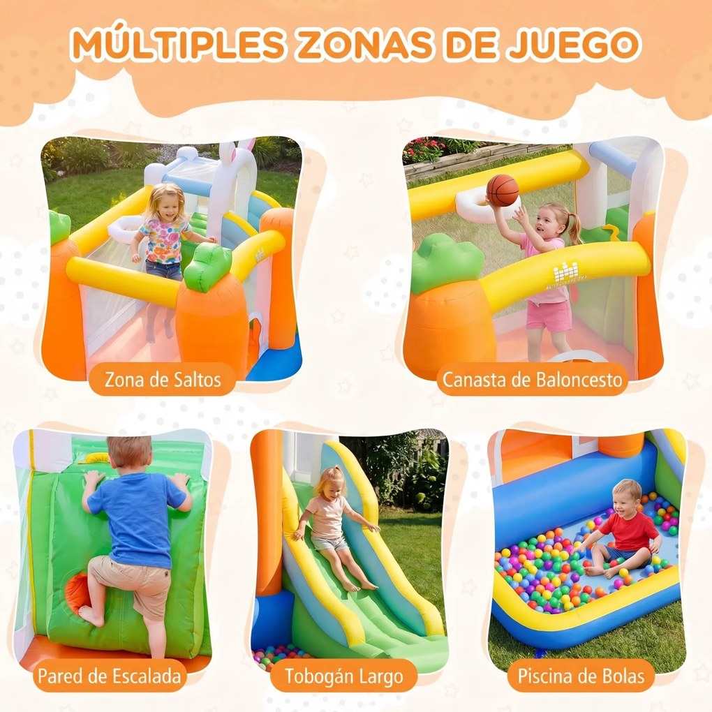 Castelo insuflável infantil com tema de coelho (SOPRADOR NÃO INCLUIDO), escorrega, piscina de bolas, parede de escalada e saco de transporte para cria