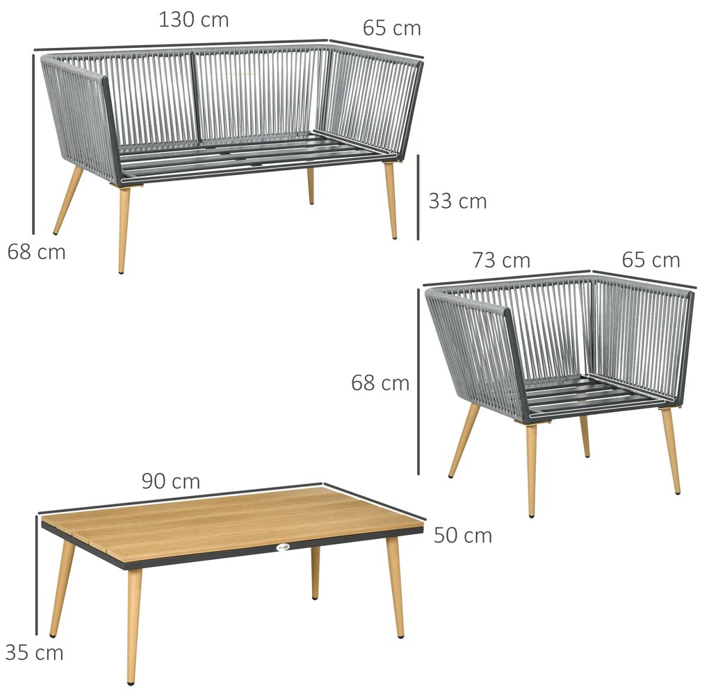 Conjunto de Móveis de Jardim de Vime 4 Peças Conjunto de Jardim com Sofá de 2 Lugares 2 Poltronas e Mesa de Centro com Bancada de Madeira e Plástico p