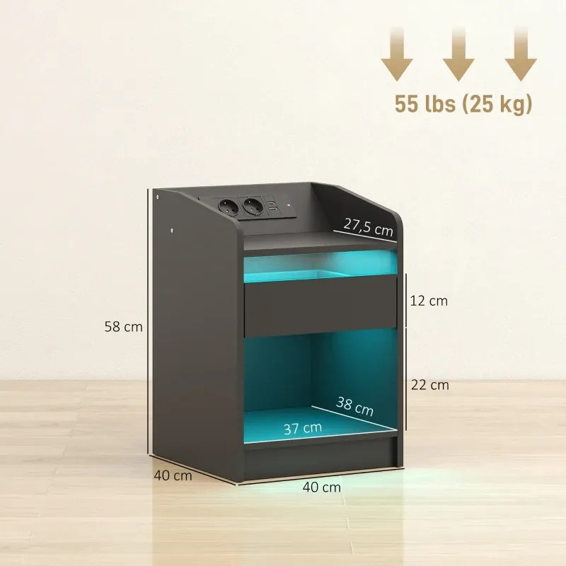 Mesa de Cabeceira com Luzes LED Gaveta 40x40x58 cm com Estação de Carregamento Entrada USB e Controlo Remoto Preta