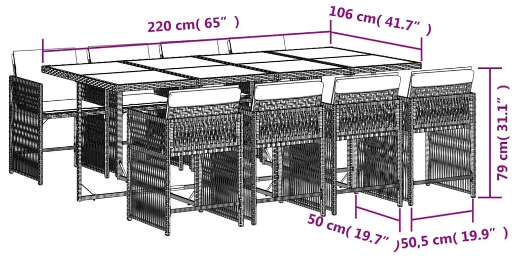 9 pcs conjunto de jantar p/ jardim c/ almofadões vime PE cinza