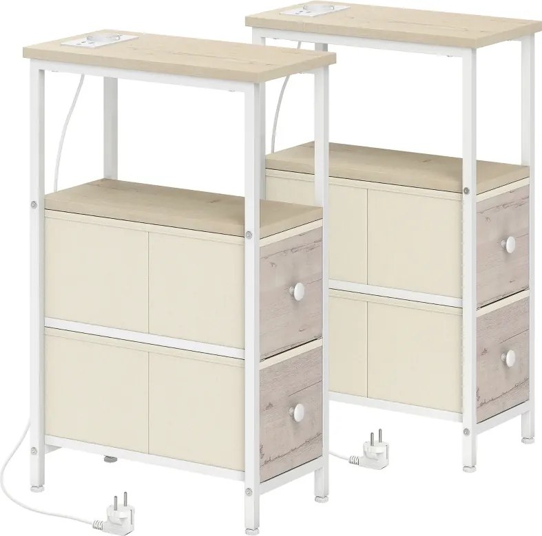 Conjunto de 2 Mesas Cabeçeiras ou mesas Apoio Estreitas 20x40x63 cm com Tomada AC Porta USB Porta USB-C 2 Gavetas Madeira e Branco