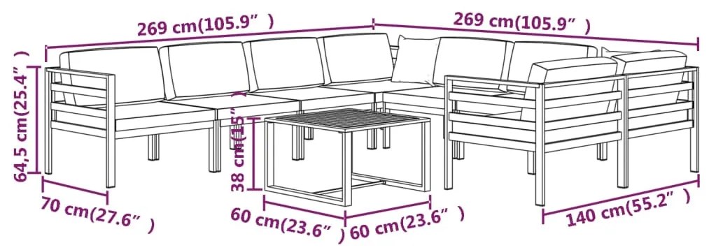 9 pcs conjunto lounge jardim com almofadões alumínio antracite