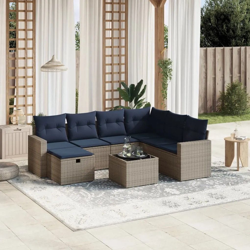 vidaXL 8 pcs conjunto sofás p/ jardim c/ almofadões vime PE cinzento