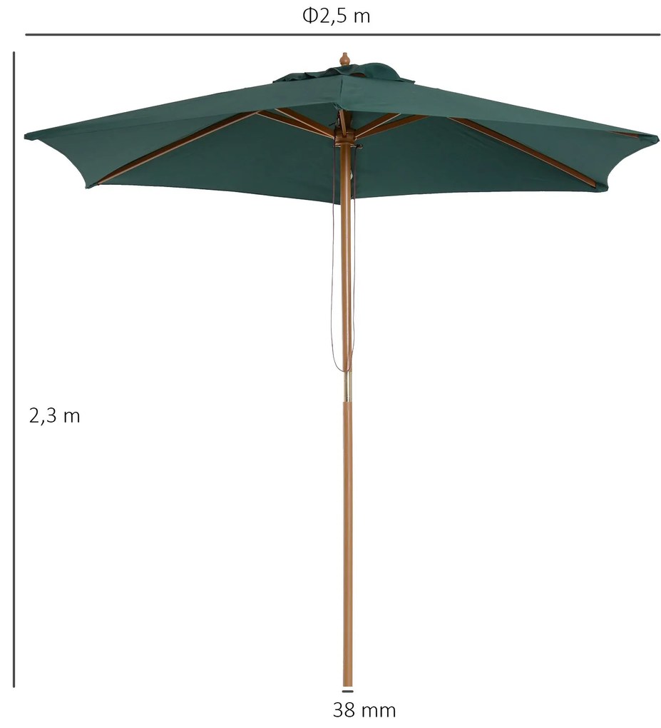 Chapéu de Sol Ø250x230cm Chapéu de Sol com Mastro de Madeira com 6 Has