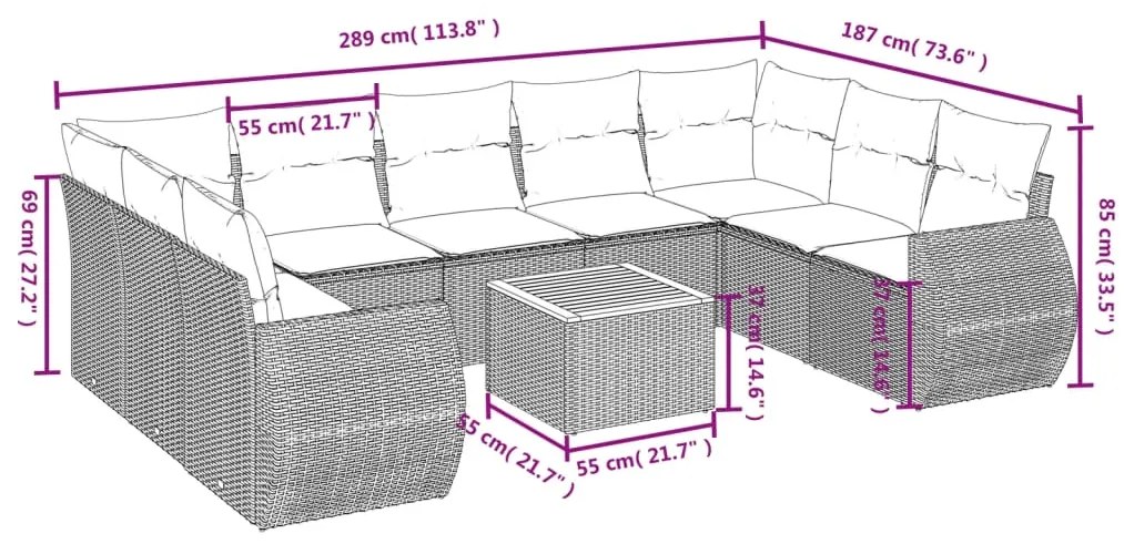 10 pcs conjunto sofás de jardim c/ almofadões vime PE preto