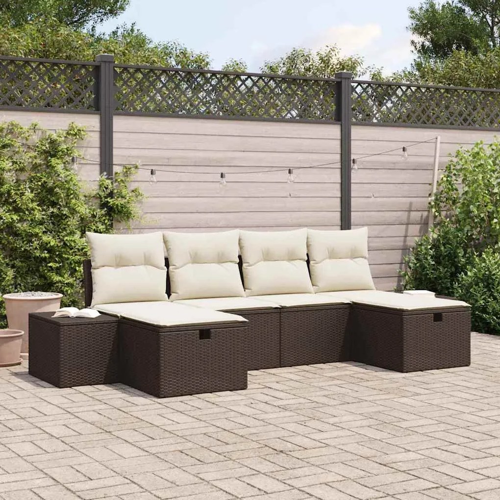 vidaXL Sofá de Jardim de 6 Peças com Almofadas de Rattan e Poliéster Marrom
