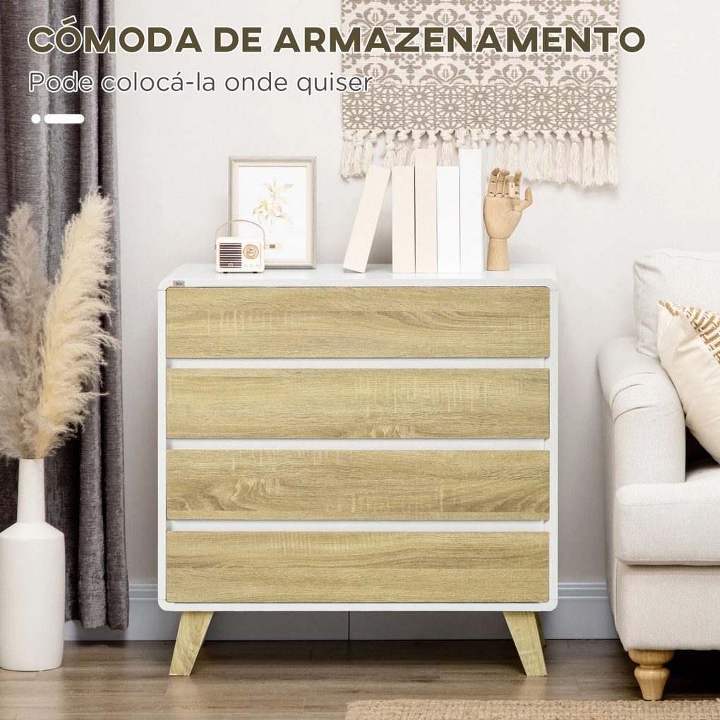 Cómoda com 4 Gavetas de Madeira Cómoda com Pés Elevados para Sala de Estar Dormitório Escritório 80x40x79,5cm Carvalho e Branco