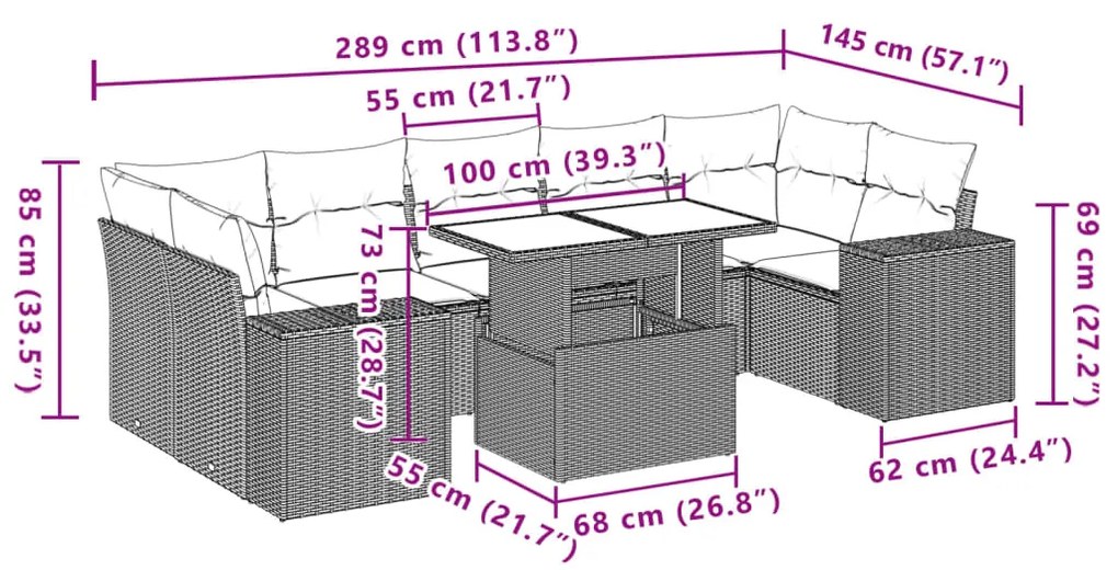 8 pcs conjunto de sofás p/ jardim com almofadões vime PE bege