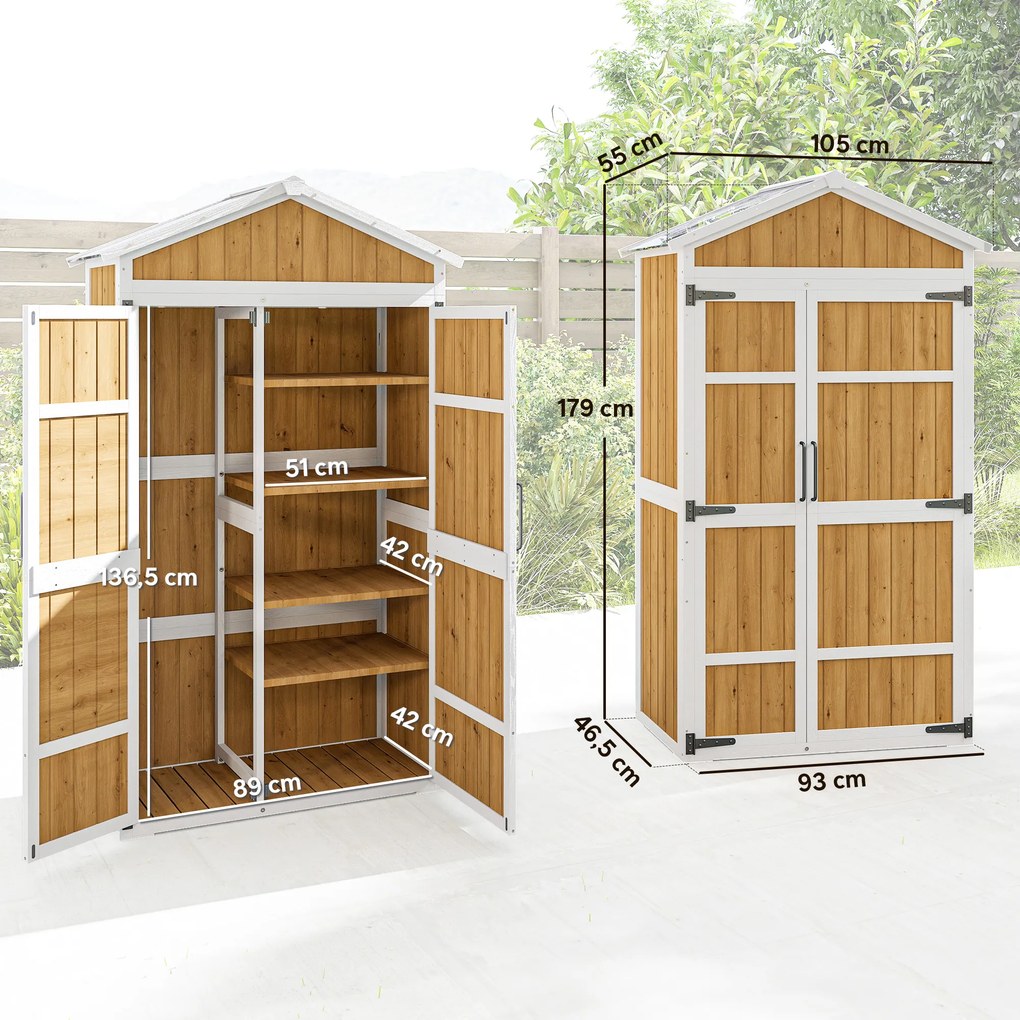 Abrigo de jardim 105 x 55 x 179 cm com telhado metálico e porta dupla para ferramentas de jardinagem - Natural
