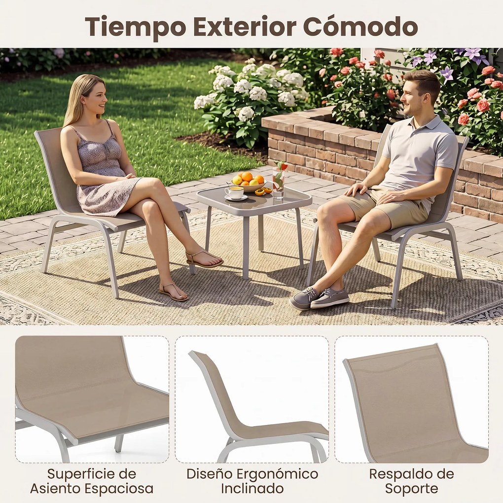 Conjunto de 2 Cadeiras e Mesa de Jardim, 69 x 54 x 77 cm, Tampo de Vidro Temperado, Bege