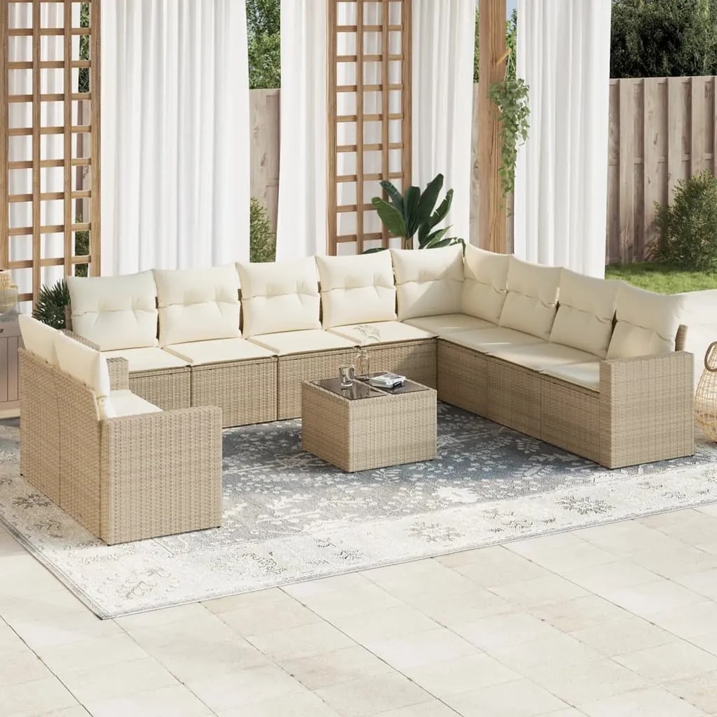 11 pcs conjunto sofás de jardim c/ almofadões vime PE bege