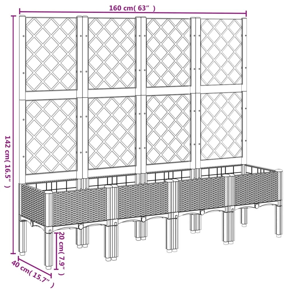 Vaso/floreira jardim c/ treliça 160x40x142 cm PP cinzento-claro