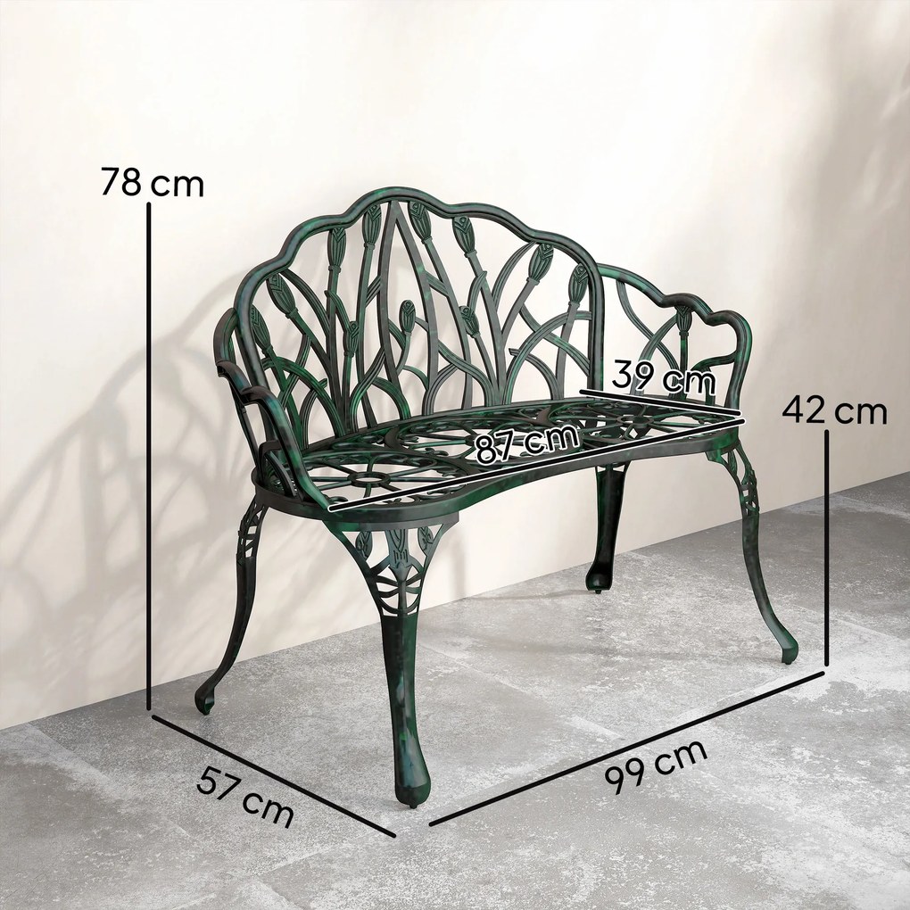 Banco de jardim em alumínio fundido 99 x 57 x 78 cm, banco de exterior de 2 lugares com encosto em forma de tulipa e assento floral, verde antigo