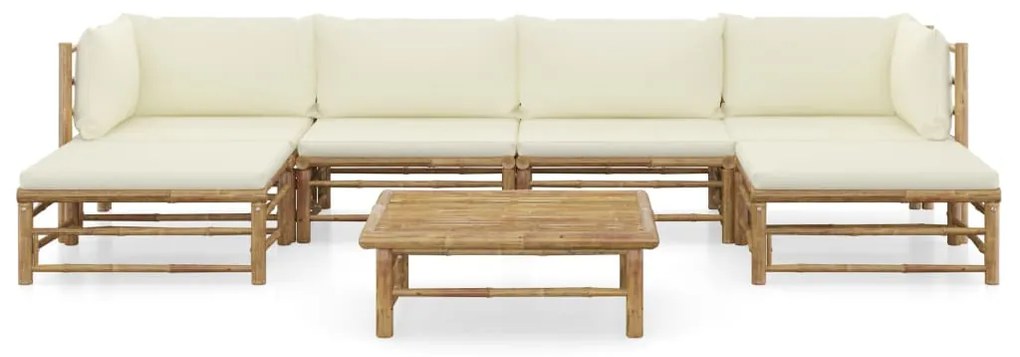 7 pcs conj. lounge p/ jardim em bambu c/ almofadões branco nata
