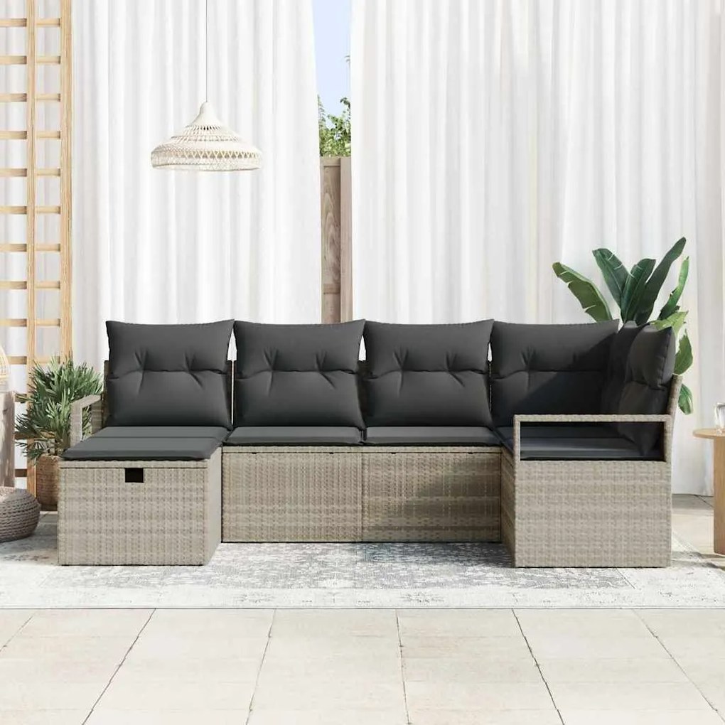 Conjunto de Sofás de Jardim 6 Peças com Almofadas Cinzento-claro Vime