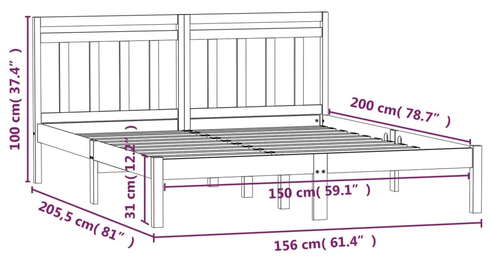 Estrutura de cama king 150x200 cm madeira maciça preto