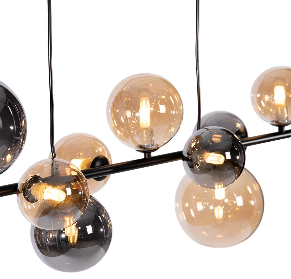 LED Candeeiro de suspensão Art Déco preto com fumê e dourado 10 luzes - Wess Art Deco