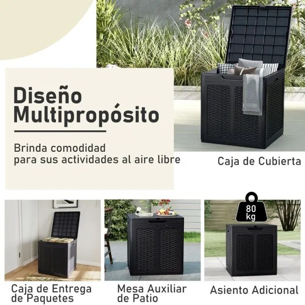 Caixa de armazenamento exterior 56 x 56 x 60,5 cm de 145 L Recipiente de PP com padrão de rattan e tampa com fechadura preto