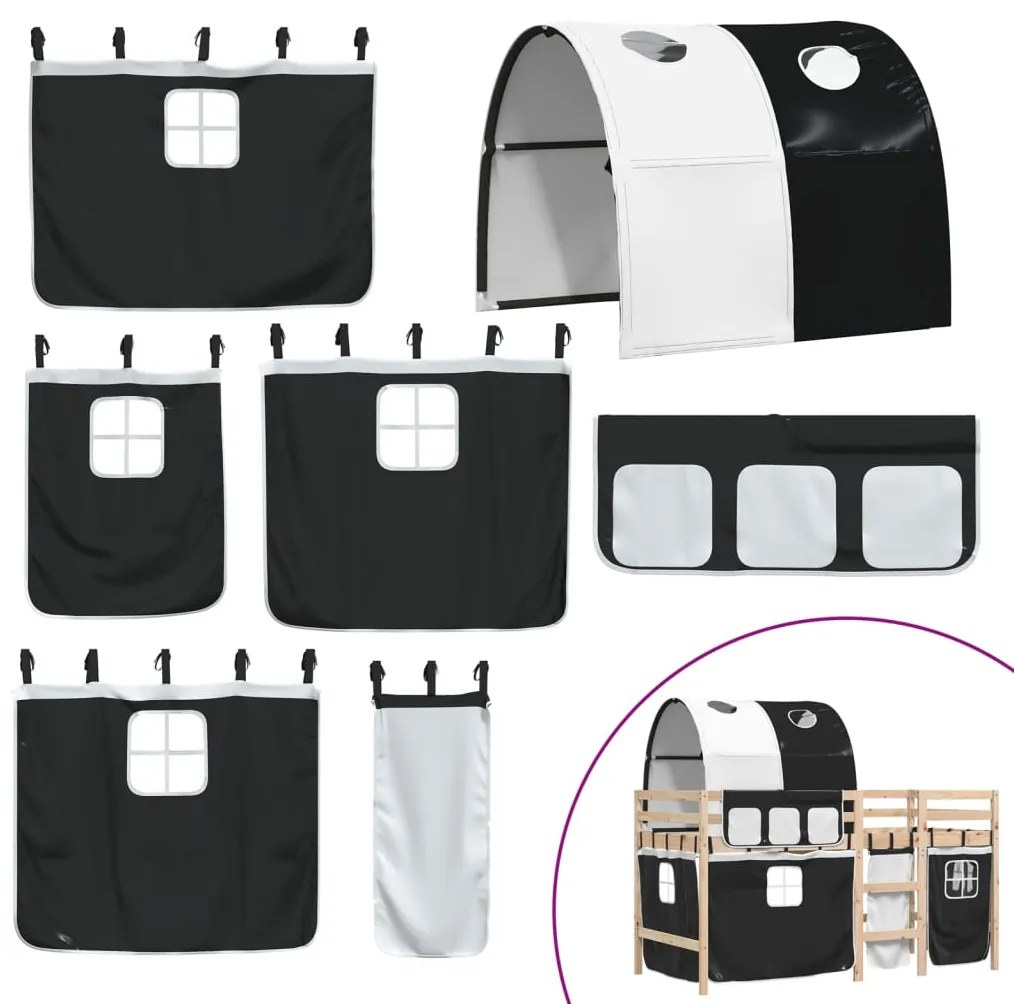 Cama alta criança c/ túnel 90x190 cm pinho maciço branco/preto