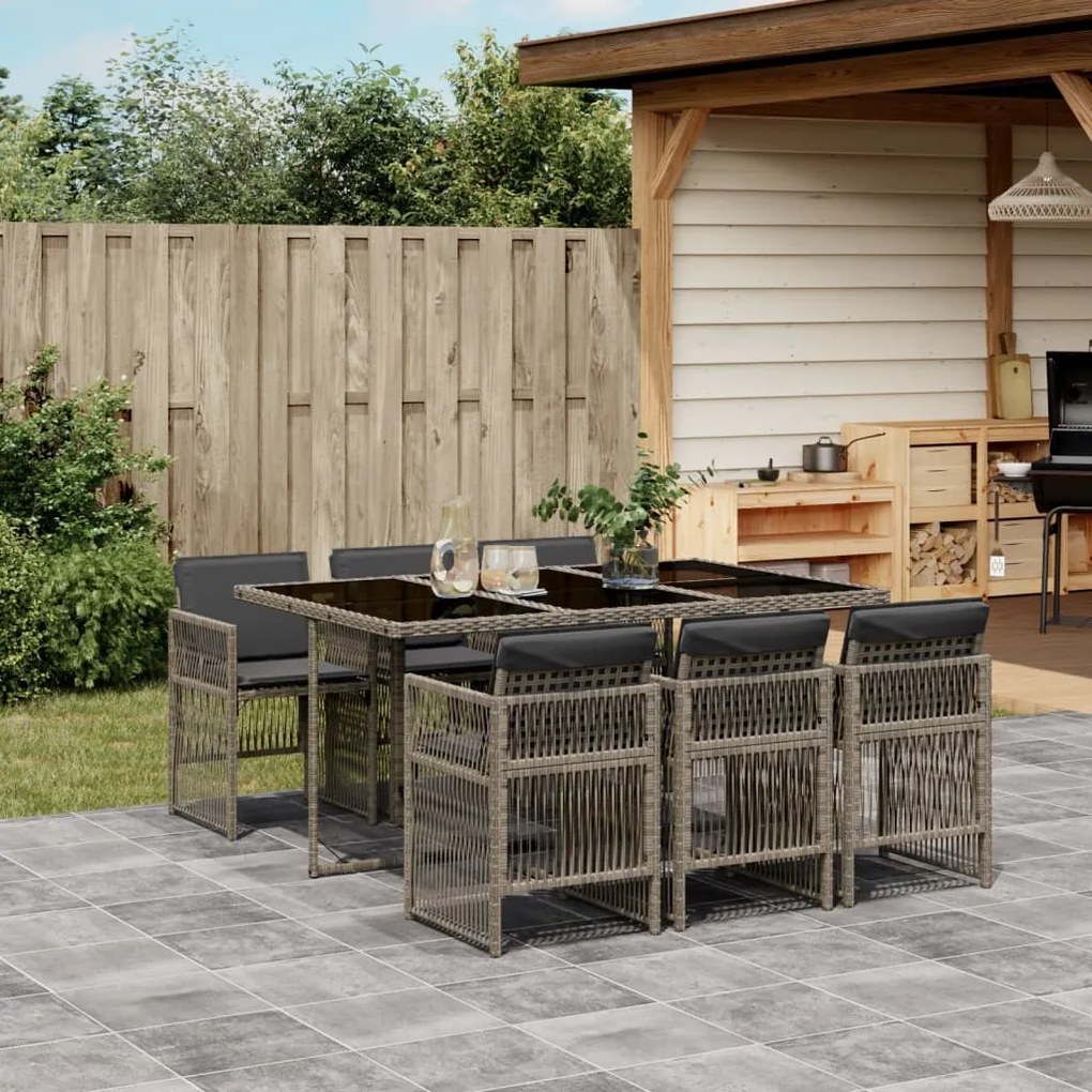 vidaXL 7 pcs conjunto de jantar p/ jardim c/ almofadões vime PE cinza