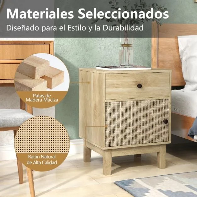 Mesa de cabeceira, Mesa apoio em rattan moderna 40 x 39 x 55 cm com gaveta e armário Boho com pés em madeira maciça para quarto Natural