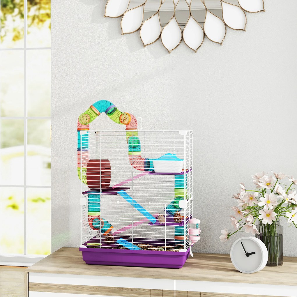 Gaiola para hamster de 4 andares com túneis, comedouro, roda, casinha e escadas – 46 x 30 x 58 cm – roxa