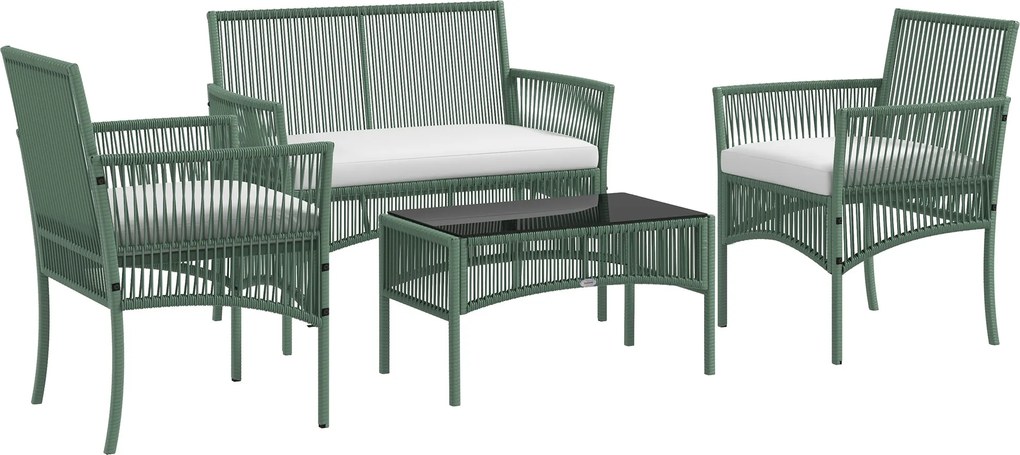 Outsunny Conjunto de Jardim Exterior em Ratan Sintético com 2 Poltronas 1 Sofá de 2 Lugares 1 Mesa de Centro e Almofadas Verde | Aosom Portugal