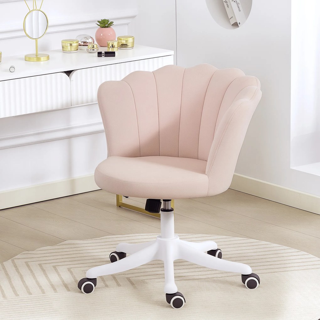 Cadeira de escritório em veludo, cadeira de Toucador com encosto em forma de pétala, altura ajustável, 69 x 64 x 80-90 cm, rosa