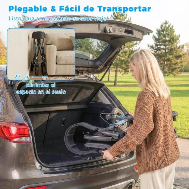 Andador dobrável com rodas para idosos, com assento, encosto, malha, suspensão por molas, suporte para bengala e bolsa, 4 rodas, preto + azul