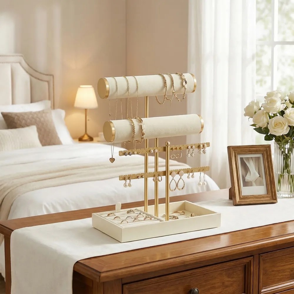 Porta-joias com suporte para anéis removível  15 x 22 x 29,2 cm Branco creme-dourado