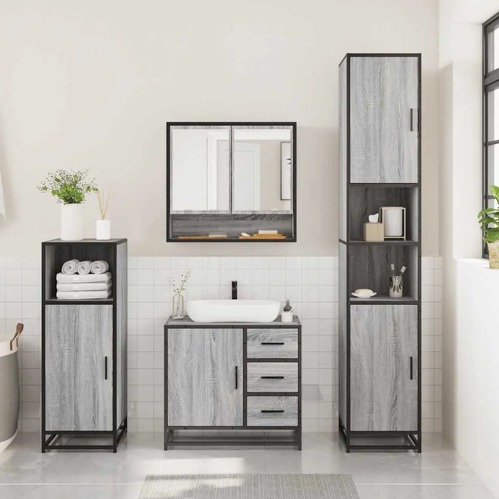 3 pcs Conjunto móveis casa de banho madeira proc. cinza sonoma