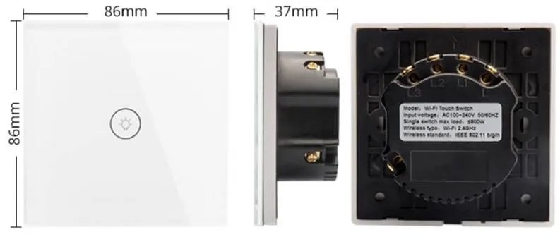 Interruptor tátil 2 botões WiFI-Voice, Painel frente branco vidro temperado