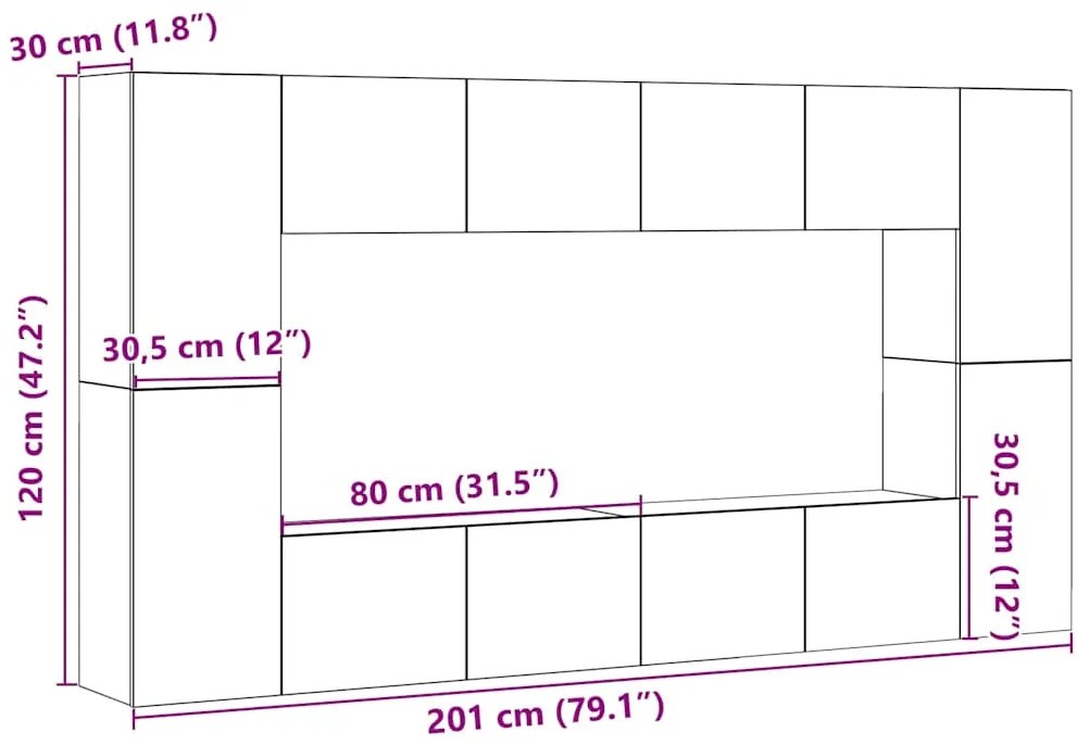 Conjunto de armário TV 8 peças montado na parede madeira velha